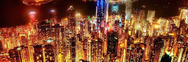 Noc, Wieżowce, Światła, Hong Kong