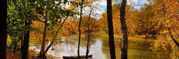 Drzewa, Łódka, Rzeka, Jesień