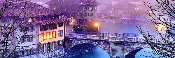 Rzeka, Domy, Most, Drzewa, Berno, Szwajcaria