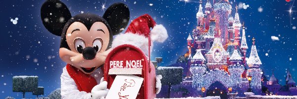 Zamek, List, Mikołaj, Śnieg, Myszka Miki, Disneyland