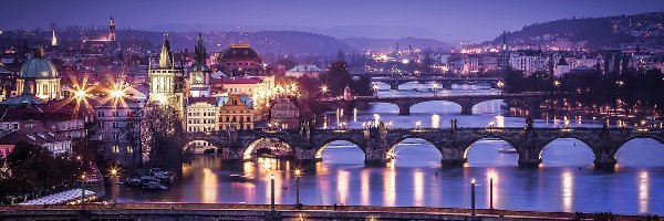 Praga, Zdjęcie, Miasta, Mosty, Rzeka, Czechy, Latarnie