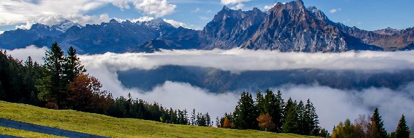 Ogrodzenie, Łąka, Chmury, Krajobraz, Szwajcaria, Góry Alpy