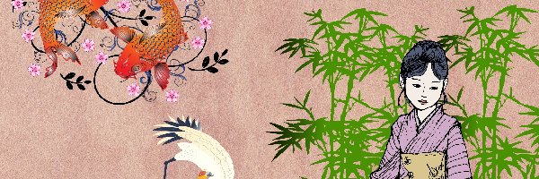 Bambusy, Dziewczynka, Kimono, Grafika, Ptak, Ryby