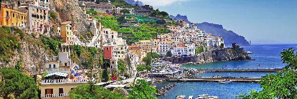 Hotele, Positano, Wybrzeże, Zdjęcie miasta, Morze, Góry, Łodzie, Włochy