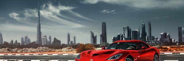 Sportowy, Dubaj, Burj Khalifa, Viper, Czerwony, Samochód, Dodge, Miasto