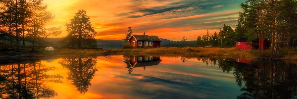 Dom, Wschód Słońca, Jezioro, Odbicie, Norwegia, Ringerike