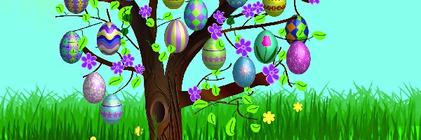 Wielkanoc, Jajka, Drzewo, Kwiaty, Trawa