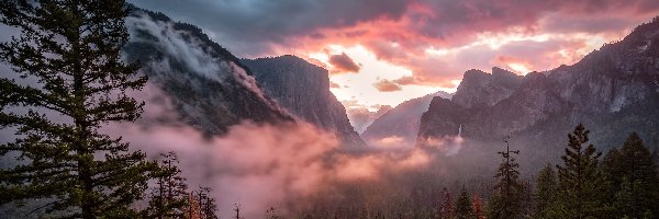 Góry Sierra Nevada, Stan Kalifornia, Zachód słońca, Drzewa, Park Narodowy Yosemite, Mgła, Chmury, Stany Zjednoczone