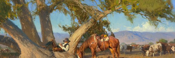 Koń, Kowboj, Drzewo, Krowy, Malarstwo, Obraz