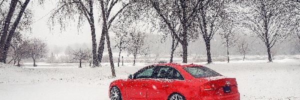 Sedan, Czerwone, Audi S4 B8, Zima, Śnieg