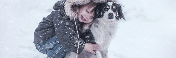 Pies, Zima, Chłopczyk, Radość, Śnieg