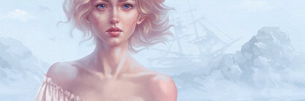 Statek, Łzy, Morze, Skały, Kobieta, Grafika