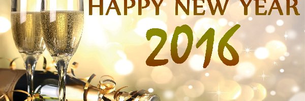 Happy, Kieliszki, Bokeh, 2016, Napis, New, Year, Szampan