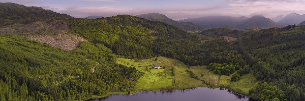 Góry, Jezioro Loch Chon, Dom, Lasy, Park Narodowy Loch Lomond and the Trossachs, Szkocja