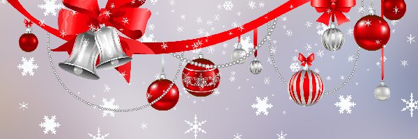 Boże Narodzenie, Bombki, Dzwonki, Świąteczna, Grafika 2D, Kokarda, Czerwona