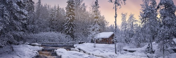 Drewniany, Drzewa, Rzeka Tokhmayoki, Śnieg, Zima, Rosja, Karelia, Most, Domek