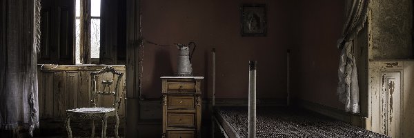 Nocnik, Pokój, Dzban, Komoda, Łóżko, Okno, Krzesło, Zaniedbany