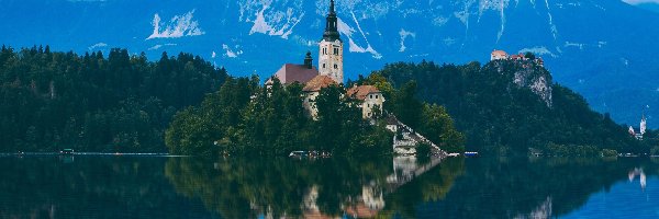 Słowenia, Jezioro Bled, Wyspa Blejski Otok, Góry, Kościół Wniebowzięcia Marii Panny
