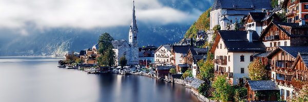 Góry, Domy, Jezioro, Austria, Hallstatt
