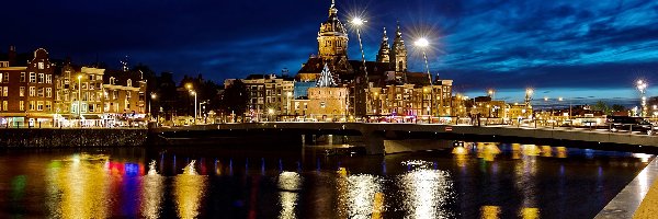 Noc, Kościół, Bazylika św Mikołaja, Amsterdam, Holandia, Most, Rzeka IJ