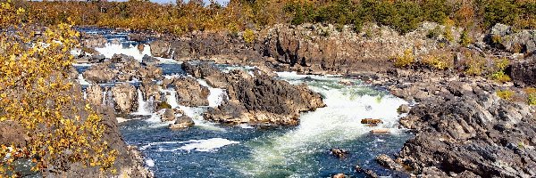 Jesień, Wodospady Great Falls, Rzeka Potomak, Skały, Stan Maryland, Stany Zjednoczone