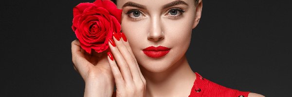 Manicure, Makijaż, Kwiat, Szatynka, Kobieta, Róża, Czerwona