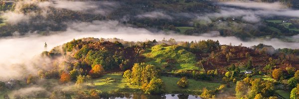Mgła, Lasy, Jezioro, Anglia, Góry, Park Narodowy Lake District