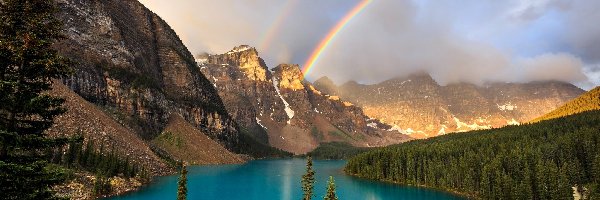 Dolina Dziesięciu Szczytów, Prowincja Alberta, Tęcza, Jezioro Moraine, Park Narodowy Banff, Valley of the Ten Peaks, Góry, Kanada