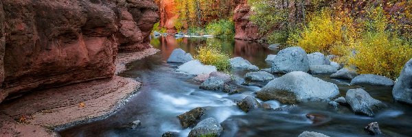 Wąwóz Oak Creek Canyon, Arizona, Drzewa, Kamienie, Sedona, Rzeka Oak Creek, Skały, Stany Zjednoczone