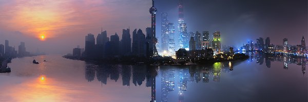 Drapacze chmur, Szanghaj, Odbicie, Rzeka Jangcy, Wieża Oriental Pearl Tower, Wschód słońca, Zmierzch, Chiny