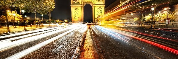 Francja, Noc, Paryż, Droga, Łuk Triumfalny