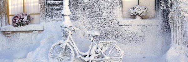 Rower, Zima, Śnieg, Dom