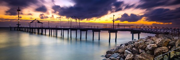 Zachód słońca, Molo, Morze, Kamienie, Brighton Beach, Australia