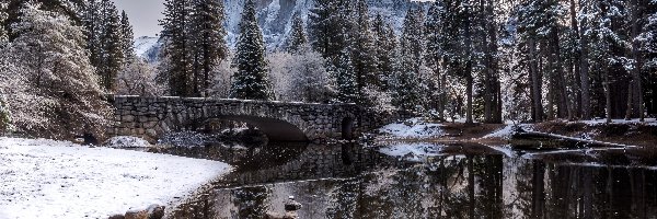 Most, Park, Śnieg, Drzewa, Rzeki , Góry