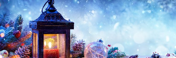 Śnieg, Lampion, Bombki, Boże Narodzenie, Świąteczna, Kompozycja