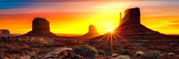 Promienie słońca, Dolina Skał, Skały, Wyżyna Kolorado, Stany Zjednoczone, Skały, Monument Valley
