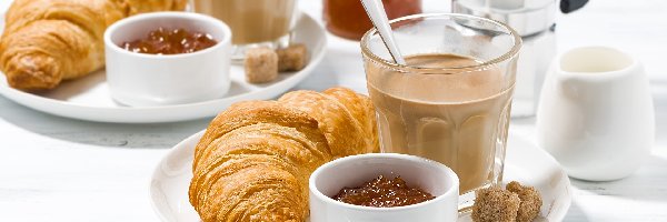 Kostki cukru, Croissanty, Dżem, Rogaliki, Śniadanie, Talerz, Kawa