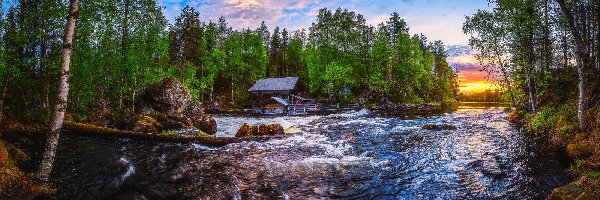 Rzeka, Finlandia, Młyn Myllykoski, Drewniany, Park Narodowy Oulanka, Wschód słońca, Drzewa, Laponia, Las