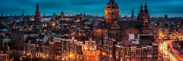 Miasta, Ulice, Noc, Kościoły, Domy, Panorama, Amsterdam