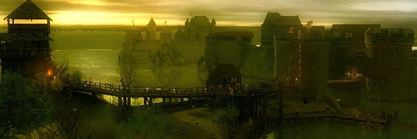jezioro, wioska, The Witcher, most, słońce, chmury