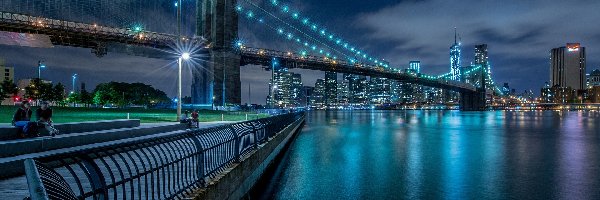Noc, Wieżowce, Brooklyn, Nowy Jork, Most, Oświetlony