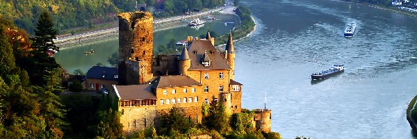 Burg Katz, Niemcy, Sankt Goarshausen, Zamek Katz, Rzeka Ren, Góry, Statki