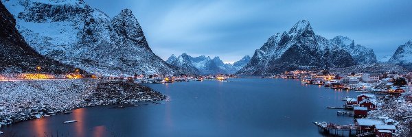 Norwegia, Domy, Osada, Zima, Góry, Jezioro