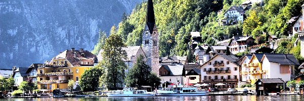Góry Alpy, Kościół, Domy, Austria, Hallstatt