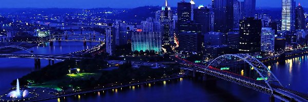 Pittsburgh, Mosty, Rzeka, Chmur, Drapacze, Nocą, Miasta, Ohio, Panorama