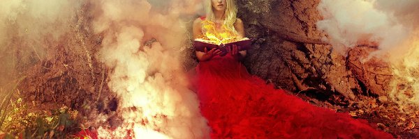 Książka, Blondynka, Kobieta, Las, Fantasy, Ogień