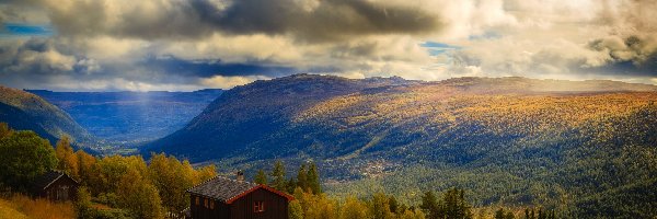 Norwegia, Niebo, Domy, Pochmurne, Góry, Jesień, Las