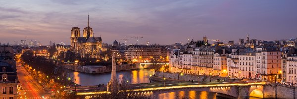 Francja, Rzeka Sekwana, Domy, Katedra Notre-Dame, Most, Paryż, Świt
