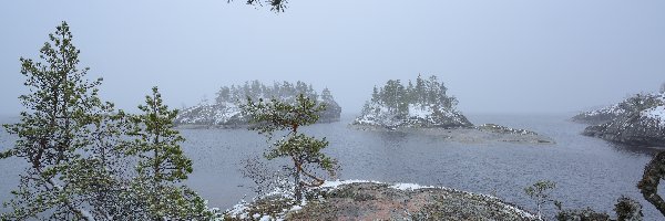 Mgła, Drzewa, Śnieg, Rosja, Wysepki, Jezioro Ładoga