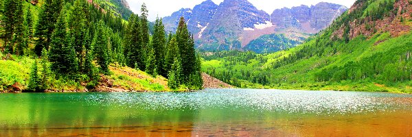 Kolorado, Jezioro Maroon Lake, Drzewa, Stany Zjednoczone, Szczyty Maroon Bells, Góry Skaliste